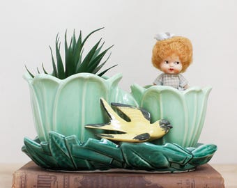 McCoy Double Tulip & Yellow Bird Planter/ Charming HTF 1940s Flower Pot or Organizer/ Cottage Core Bungalow Style