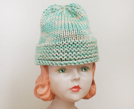 Vintage Knit Ladies Skull Hat/ Fun Mint Green & W… - image 2