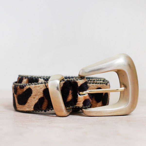 Faux Leopard Suede Belt w Brass Buckles by Ribco USA Size 28 (S)/ 90s Animal Print Belt/ Cool Vintage Belt