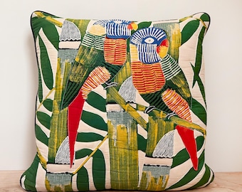 Quilted Parrot Pillow Cover/ 90s Era Colorful Cutie / Vintage Cottage Bungalow Style Large 16" Throw Parrot Bird Pillow