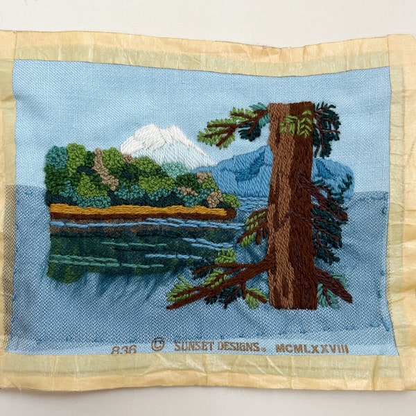 Finished Mountain Forest Crewel Needlepoint Art/ Groovy Unframed Landscape by Sunset Designs Dated 1978/ Mid Mod Cabin Decor Ready to Frame