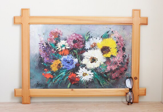 Original Floral Oil Painting W Criss Cross Wood Frame