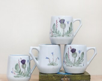 Set of 4 Scottish Buchan Portobello Fine Stoneware Mugs Made in Scotland/ Beautiful Hand Painted  Thistleware Pattern/ HTF Buchan Pottery