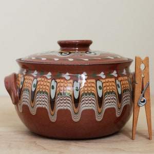 Bulgar Pottery USA Small Covered Casserole Pot/ Bulgarian Style Drip Glaze Redware Pottery/ Terra Cotta Kitchen Pottery Piece image 10
