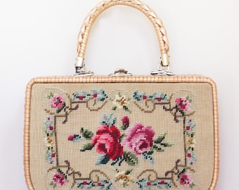Needlepoint Wicker Handbag Circa 1960s/ Pretty Floral Rose Designed Woven Basket Style Purse Made in Hong Kong/ Cottage Core Roses