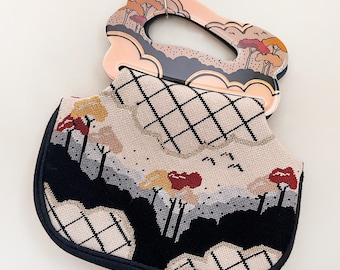 Patricia Smith Moon Bag 1980/ Arts & Crafts Style Hand Painted Acrylic Handles + Needlepoint Design/ HTF 80s Handbag w Rare Tree Design