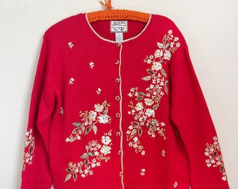 Crewel Style Embroidered Floral Red Cardigan Sweater by Heirloom Collectibles Size L/ Stunning Cottage Core Style Sweater w  Floral Design
