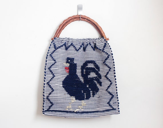 Vintage Portuguese Woven Rooster Tote Bag with Ra… - image 1