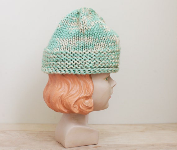 Vintage Knit Ladies Skull Hat/ Fun Mint Green & W… - image 4