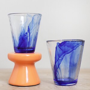 Bormioli Rocco Murano Blue Flat Tumblers/ Set of 2 Different Sized Glasses 14 oz & 9oz/ Hand Blown Heavy Glass / Made in Fidenza, Italy