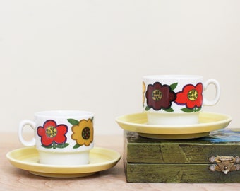 Weidmann Porzellan Set of 2 Rare Espresso Cups w Saucers/ Super Cute Mid Mod Flower Power Demitasse Set Made in Italy