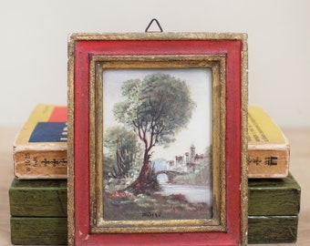 Tiny Italian Landscape Print Signed "Finzi" / Country Scene w Bridge & Castle in a Lovely Vintage Wood Frame/ Vintage Cottage Core Decor