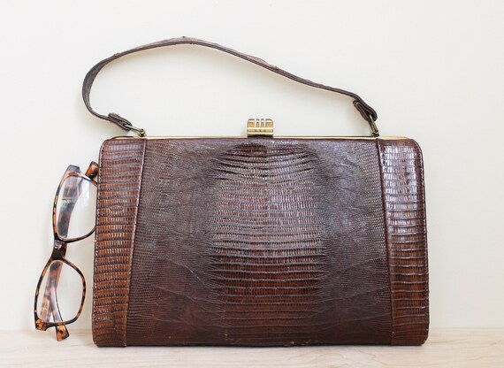 Beautiful Leather & Reptile Skin 1960s Handbag/ S… - image 9
