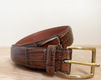 Milos Brown Crocodile Embossed Genuine Leather Belt Made in Italy Size Medium Milos ~ Vintage Luxury Gold Tone H Links Black Leather Belt  main image 3