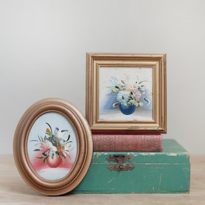 Set of Miniature Floral Oil Paintings in Gold Frames/ Tiny Original Florals on Boards ~ Oval & Square/ Tiny French Cottage Style Art