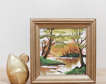 Original Landscape Miniature Painting on Ceramic Porcelain Tile/ Charming Hand Painted & Dated 1972 w Wood Frame