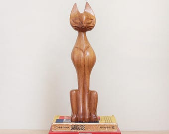 Mid Century Teak Wood Cat/ HTF Sleek 12"Iconic MCM Carved Kitty Cat Sculpture