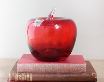 Blenko Glass Red Apple #882 w Sticker/ Hand Blown Art Glass Fruit w Beautiful Color and Crystal Stem/ 1980s Blenko Fruit Figure