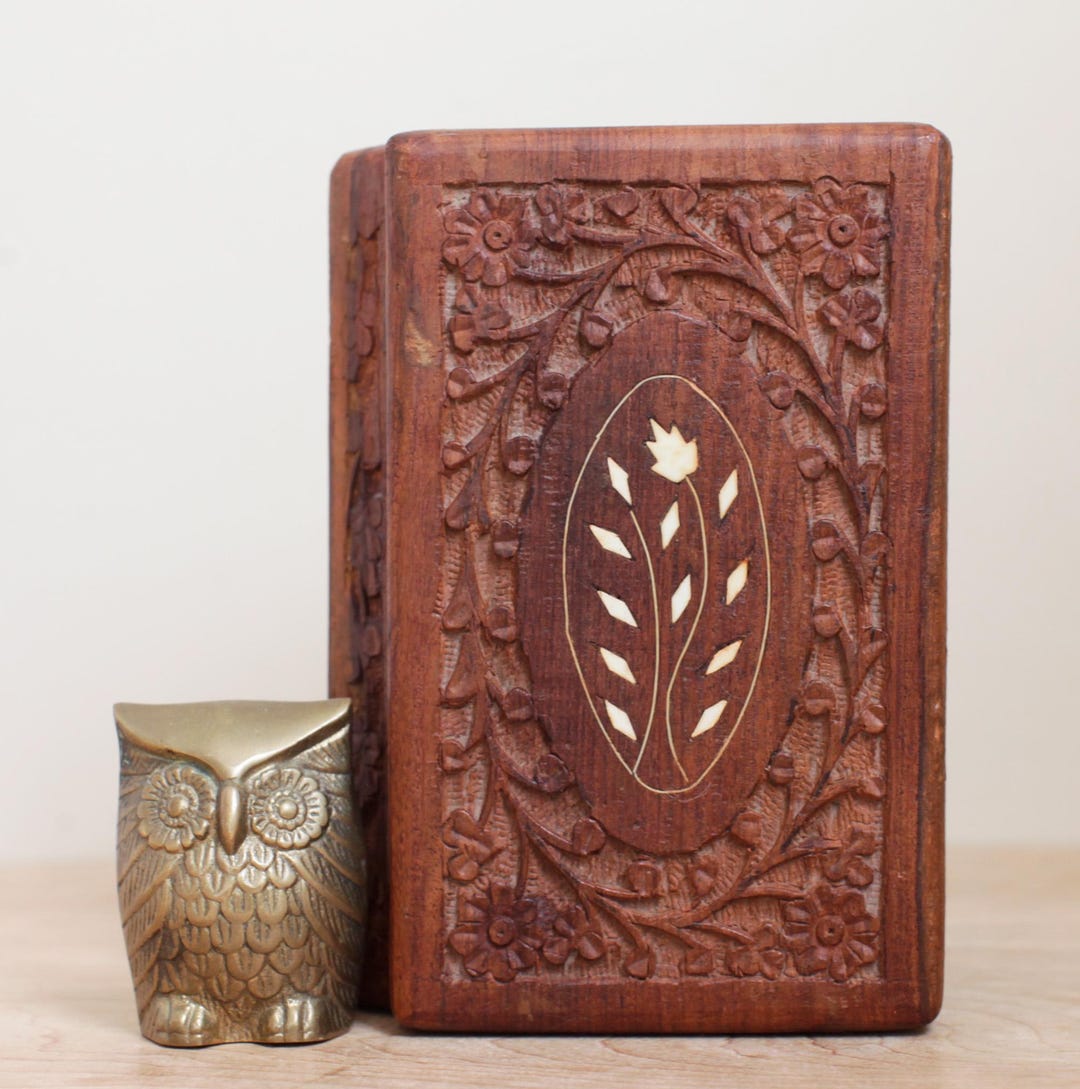 Small Inlayed Box Hand Carved Floral Inlayed Wood Box/ Unique Primitive Style Small ...