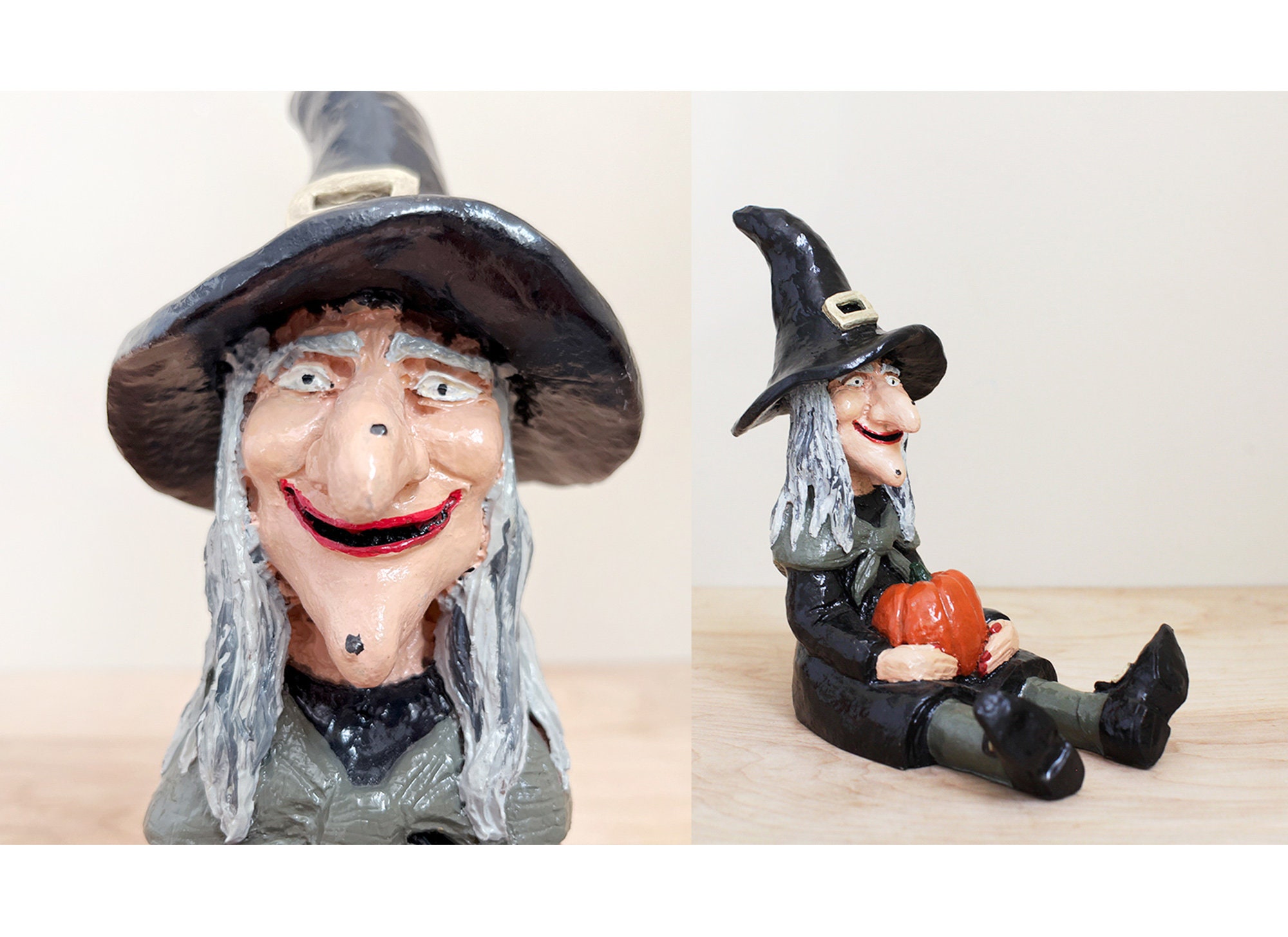Vintage Ceramic Witch/ Hand Made Folk Art Halloween Decor/