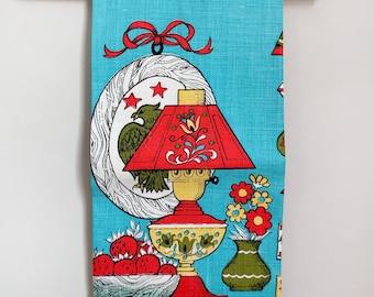 Mid Mod Americana Designed Tea Towel/ Nice Linen Tea Towel w Colorful Design Including Lamp, Eagle, Flowers & Fruit/ Circa 1960s
