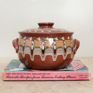 Bulgar Pottery USA Small Covered Casserole Pot/ Bulgarian Style Drip Glaze Redware Pottery/ Terra Cotta Kitchen Pottery Piece image 1