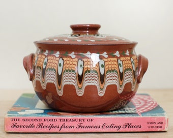 Bulgar Pottery USA Small Covered Casserole Pot/ Bulgarian Style Drip Glaze Redware Pottery/ Terra Cotta Kitchen Pottery Piece