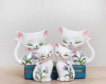 Rare Kitschy Cute Cat 4 Piece Kitchen Set Includes Sugar (No Lid) and Creamer + Salt & Pepper/ Mid Century Hand Painted Made in Japan