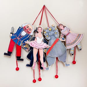 Set of 5  Kurt S. Adler Nutcracker Marionette Puppet Ornaments/ HTF Vintage Christmas Cardboard Characters/ Dancing Pull Toy Ornaments