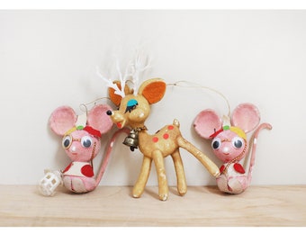 Vintage Flocked Kitschy Ornaments/ Super Cute 1960s Fuzzy Plastic Deer & Mice / Fun Little Set of 3 Retro Misfit Ornaments