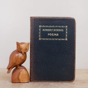 May include: A dark blue, textured hardcover book titled Robert Burns's Poems in gold lettering, featuring a decorative gold border. Beside the book stands a small, hand-carved wooden owl figurine perched on a rounded wooden base with visible grain.