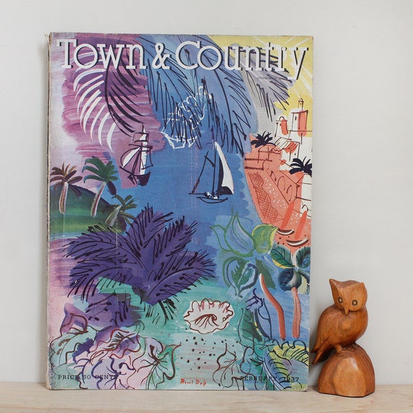 Town & Country Magazine February 1937 w Cover by French Fauvist Artist Raoul Dufy/ Sonja Henie, Katherine Hepburn, Fashion + Color Ads