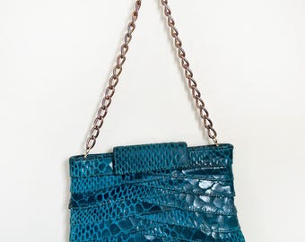 Inge Christopher Leather Faux Reptile Convertible Clutch Handbag/ Early 90s Turquoise Blue Stunner w Chain Strap