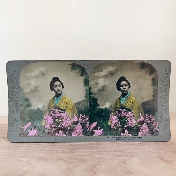 Antique Stereograph Hand Colored Geisha Girl 1908/ Stereoview Card by C.H. Universal Photo Art/ HTF Early Photography