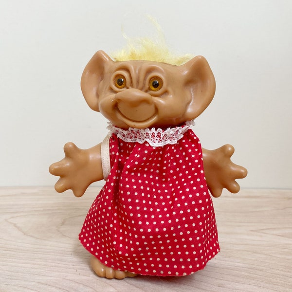 Uneeda Wishniks Yellow Haired Troll/ 1960s Ugly Cute Amber Eyed 5" Doll w Red Dress Signed on Back