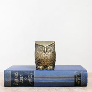May include: A gold-colored brass owl figurine with detailed feathers and large eyes. The owl is sitting on top of a blue book with the title "Raleigh's  Eden" and the author "Inglis Fletcher".