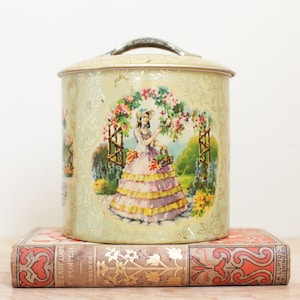 Victorian Style Lady Tea Tin w Handle Made in England/ Pretty Floral Confection Tin w Lovely Design/ Useful Storage or Gifting Container