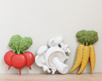 Veggie Wall Art Set of 3 by Homco/ Cute Early 80s Kitchen Art Trio/ Radish, Mushroom & Carrot Wall Plaques/ Groovy Postmodern Kitchenaila