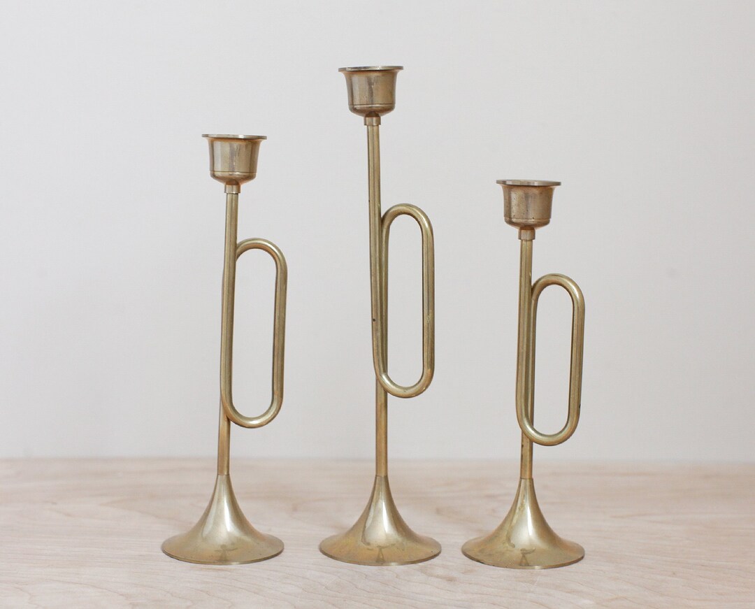 Brass Bugle Horn Candlesticks Set of 3/ Mid Century Holiday Etsy