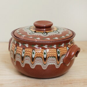 Bulgar Pottery USA Small Covered Casserole Pot/ Bulgarian Style Drip Glaze Redware Pottery/ Terra Cotta Kitchen Pottery Piece image 4