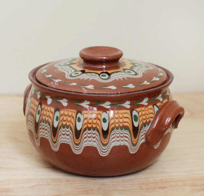 Bulgar Pottery USA Small Covered Casserole Pot/ Bulgarian Style Drip Glaze Redware Pottery/ Terra Cotta Kitchen Pottery Piece image 4