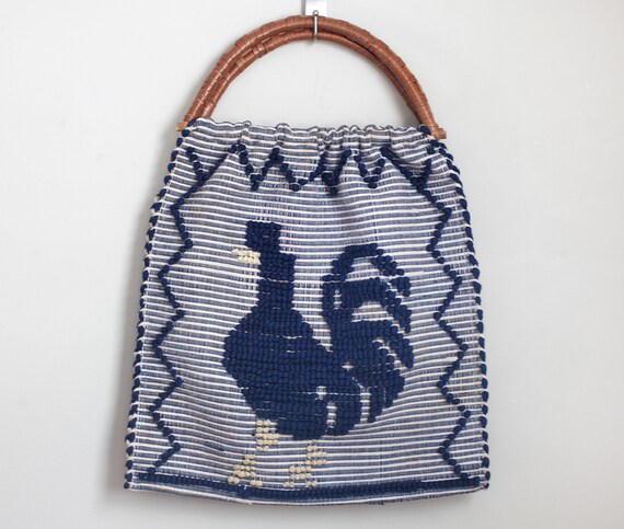 Vintage Portuguese Woven Rooster Tote Bag with Ra… - image 3