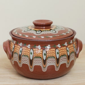Bulgar Pottery USA Small Covered Casserole Pot/ Bulgarian Style Drip Glaze Redware Pottery/ Terra Cotta Kitchen Pottery Piece image 2