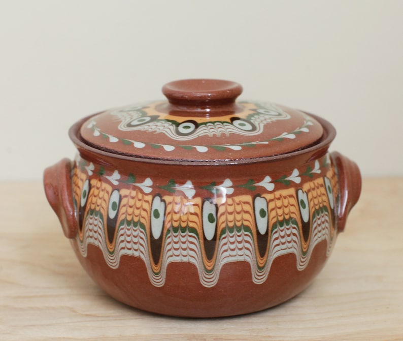 Bulgar Pottery USA Small Covered Casserole Pot/ Bulgarian Style Drip Glaze Redware Pottery/ Terra Cotta Kitchen Pottery Piece image 2