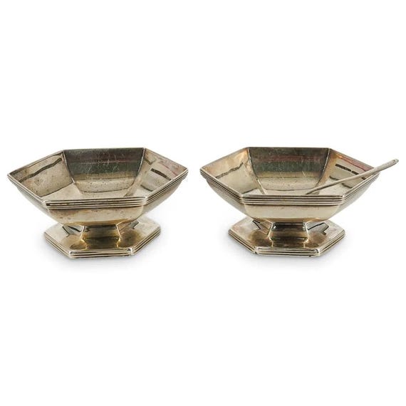 Pair Of Tiffany & Co Sterling Silver Salt Cellars W/Silver Spoon Elegant Antique