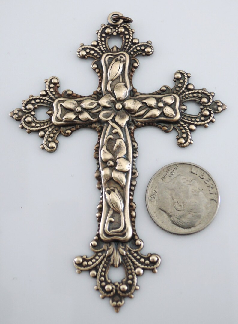 Brass Pendant Large Cross Vintage Stamping Cross Pendant Statement Necklace DIY Necklace image 2