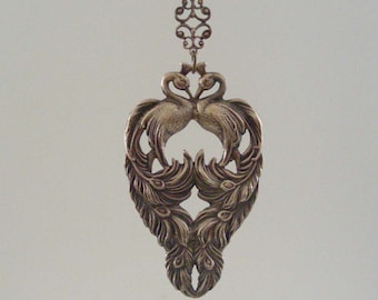 Vintage Brass Peacock Pendant: Art Nouveau Statement Necklace