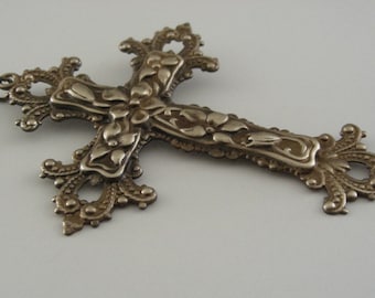 Vintage Brass Cross Pendant: Large Floral Statement Necklace