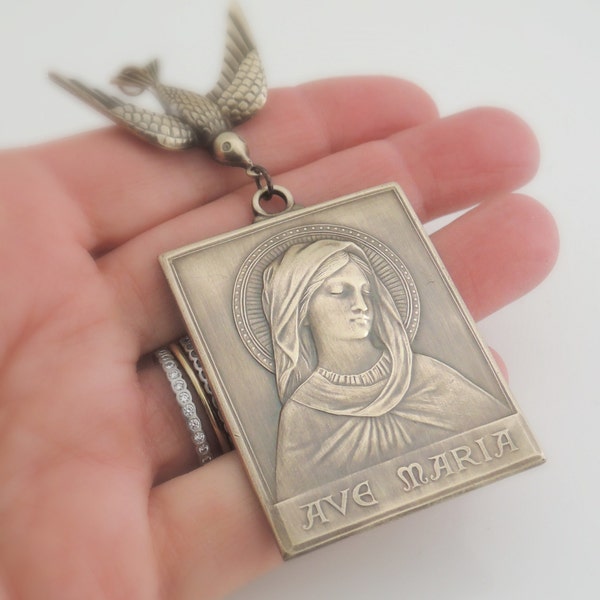 Vintage Pendant  - Ave Maria -  Mother Mary Pendant - DIY Necklace - Statement Necklace - Vintage Brass Jewelry - handmade jewelry