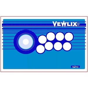 Puede incluir: Panel de control de arcade azul y blanco con el texto "VEWLIX" y "TAITO" impreso en él. El panel presenta un círculo azul grande con un círculo blanco más pequeño en su interior y seis círculos blancos más pequeños dispuestos en un semicírculo.